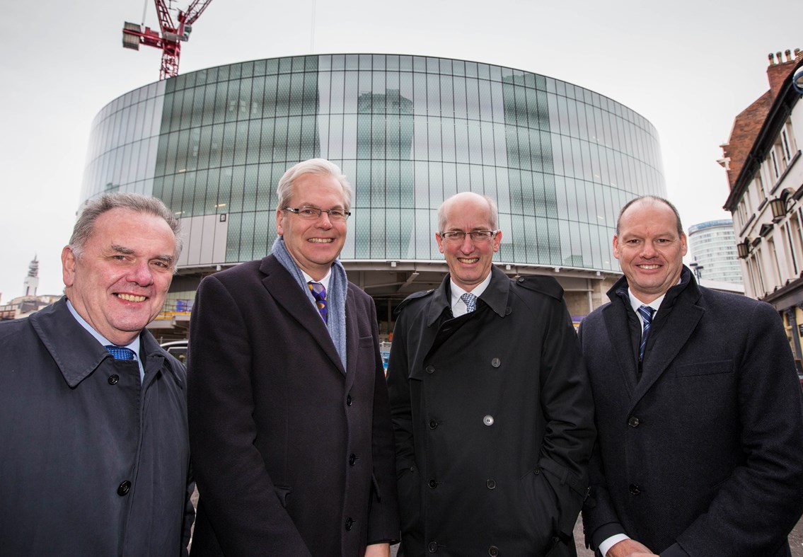 John Lewis takes ownership of new 250,000 sq ft regional flagship shop in Birmingham: John Lewis handover at Grand Central: (l-r) Sir Albert Bore, Jeremy Collins, David Higgins, Mark Reynolds