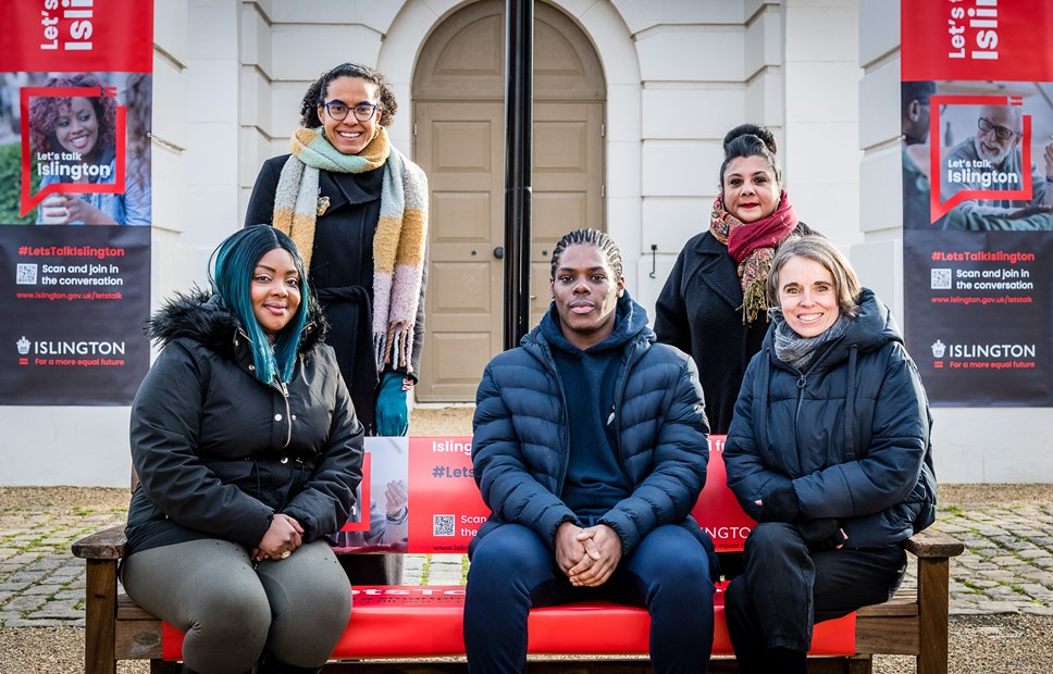 Islington resident Sandra Ashitey; Islington Council Leader Cllr Kaya Comer-Schwartz; Islington resident Kelton Rigobert; Inequality Task Force member Navinder Kaur, Chief Executive of Voluntary Action Islington; and Nathalie Renaud, Director of Elizabeth House