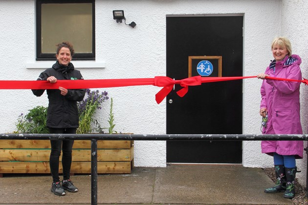 First of new inclusive facilities opened today at St Cyrus reserve: MSP Mairi Gougeon (L) and PAMIS chef exec Jenny Miller (R) open the new, accessible toilet block at St Cyrus NNR. Photo credit Pauline Smith