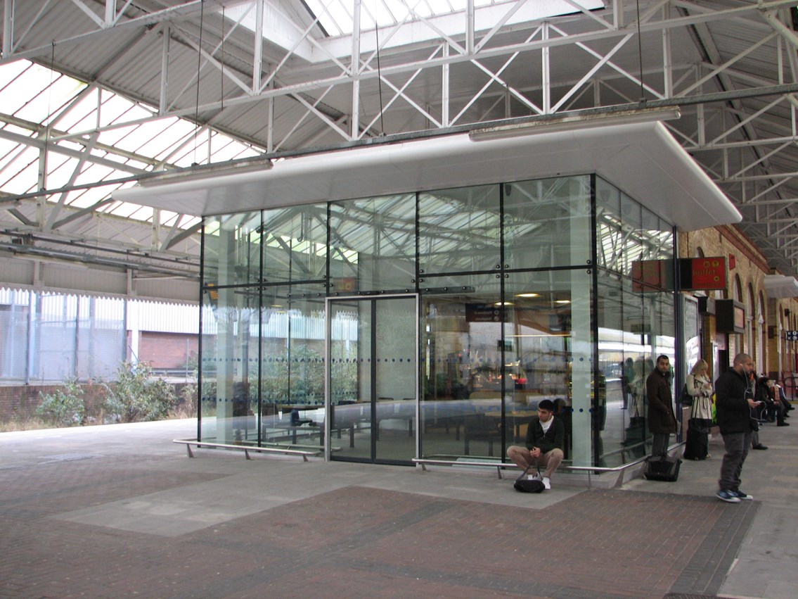 Coffee shop extension: The new glass extension to the coffee shop on platform 3