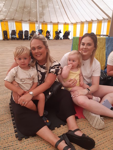 Libraries tent at Under 5s Day (LtR) Brody Whetton age 2, Katie Whetton, Felicity Webb age 18 months and Lilian Parson