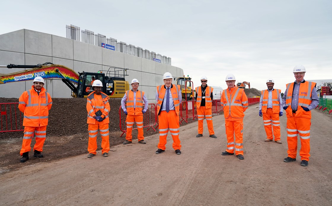 Prime Minister, Boris Johnson visits Interchange September 2020: Credit: Pippa Fowles / No10 Downing Street
Prime Minister Boris Johnson visits one of the largest HS2 construction sites, the HS2 Interchange Site, Birmingham. HS2 announce the creation of 22,000 jobs. Also pictured Solihull MP Saqib Bhatti 
Internal Asset No. 18403