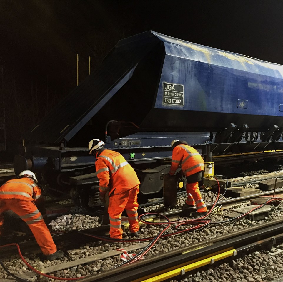 Lewisham overnight: Staff working hard to lift one of the derailed wagon overnight