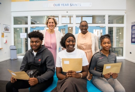 Mayor Caroline Woodley and Deputy Mayor Anntoinette Bramble with pupils receiving their results