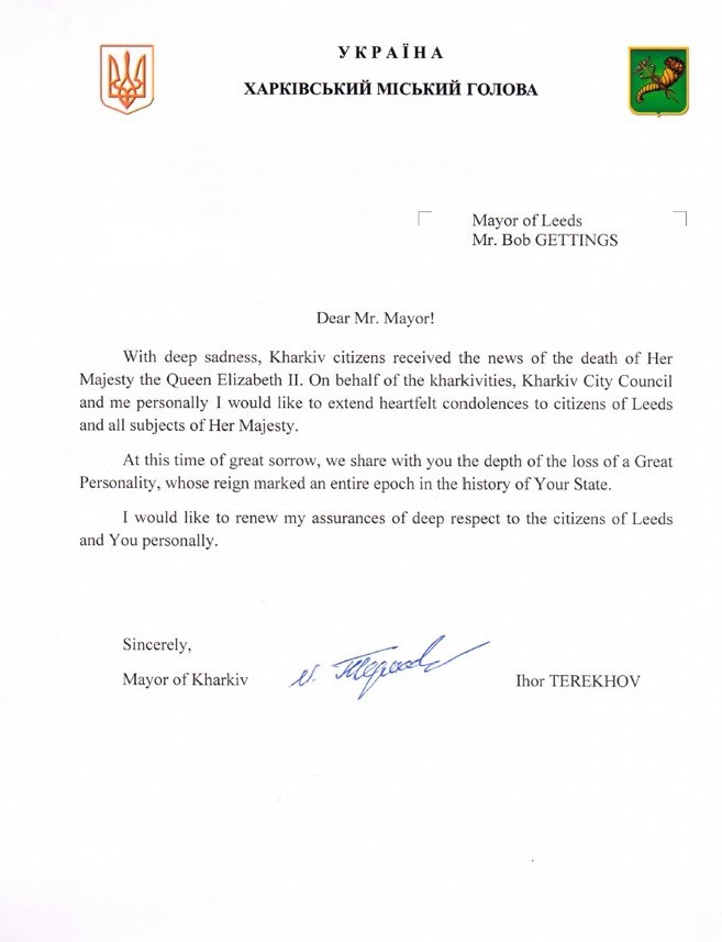 Kharkiv: Condolence letter from Mayor of Kharkiv following death of Her Majesty The Queen.