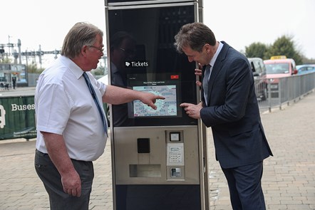 Bristol Parkway Metrobus vending machine: Picture shows Cabinet Member for Regeneration, Environment and Strategic Infrastructure for South Gloucestershire Council Cllr Steve Reade and West of England Metro Mayor Dan Norris.