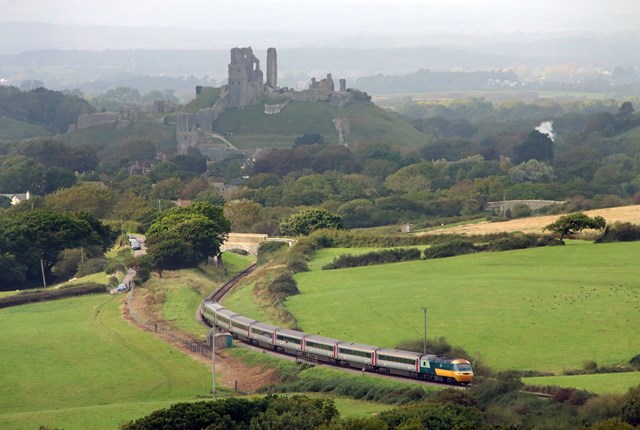 The final CrossCountry HST passes Corfe Castle, Tuesday 26 September 2023