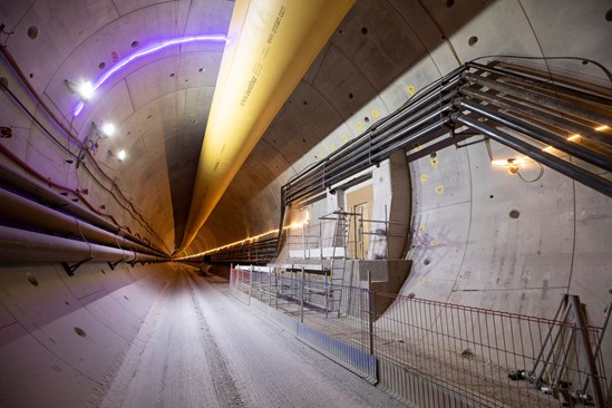Chiltern Tunnel, November 2022: View inside HS2's Chiltern tunnel, with one of the 38 cross-passages visible to the right