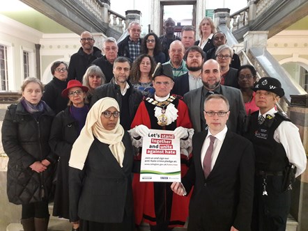 Front: Deputy Mayor of Islignton Cllr Rakhia Ismail; Mayor of Islington Cllr Dave Poyser; Islignton Council Leader Richard Watts.
Group:
• Mohammed Kozbar, Chairman of Finsbury Park Mosque
• Toufik Kacimi, CEO of Muslim Welfare House
• Detective Constable Fleming, Islington Police
• Members of the Islington faith forum including Chair and Buddhist representative Elizabeth Chappell, Hindu representative Thaya Ranjan, Methodist representative Sally Rush
• Tessa Havers-Strong (Camden LGBT Forum)
• Colin Adams, Hate Crime Forum
• Roger Delia, Chair of Islington Safer Neighbourhood Board
• Islington Councillors.