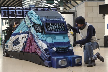 Hull based artist Andy Pea puts the finishing touches to a sculpture made entirely of recycled materials at Hull Paragon Station ahead of Global Recycling Day