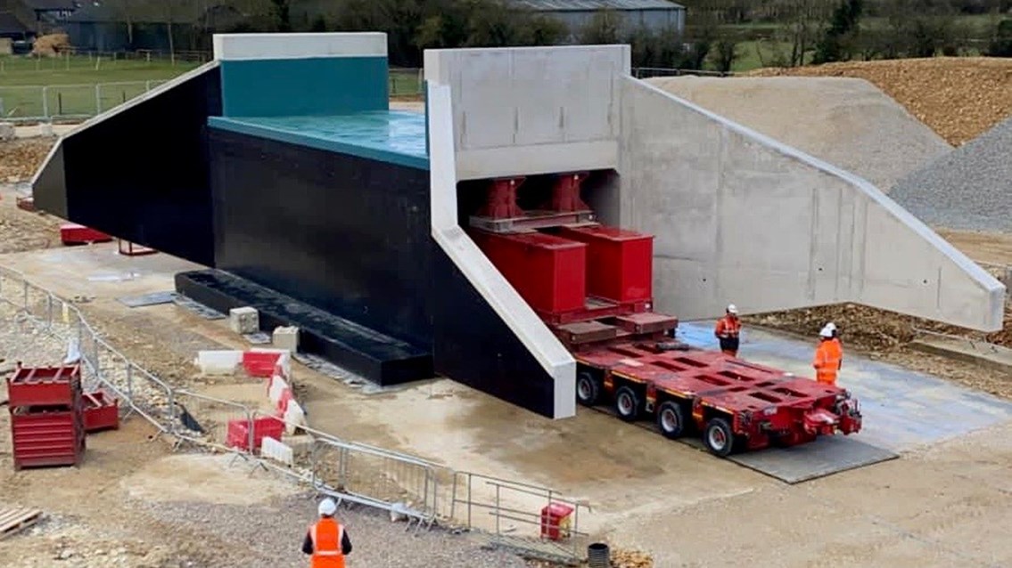 Precast concrete pedestrian railway underpass ready to be installed in Bicester