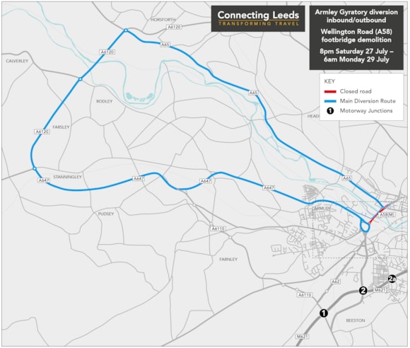 Armley Gyratory Wellington Road closure diversion map