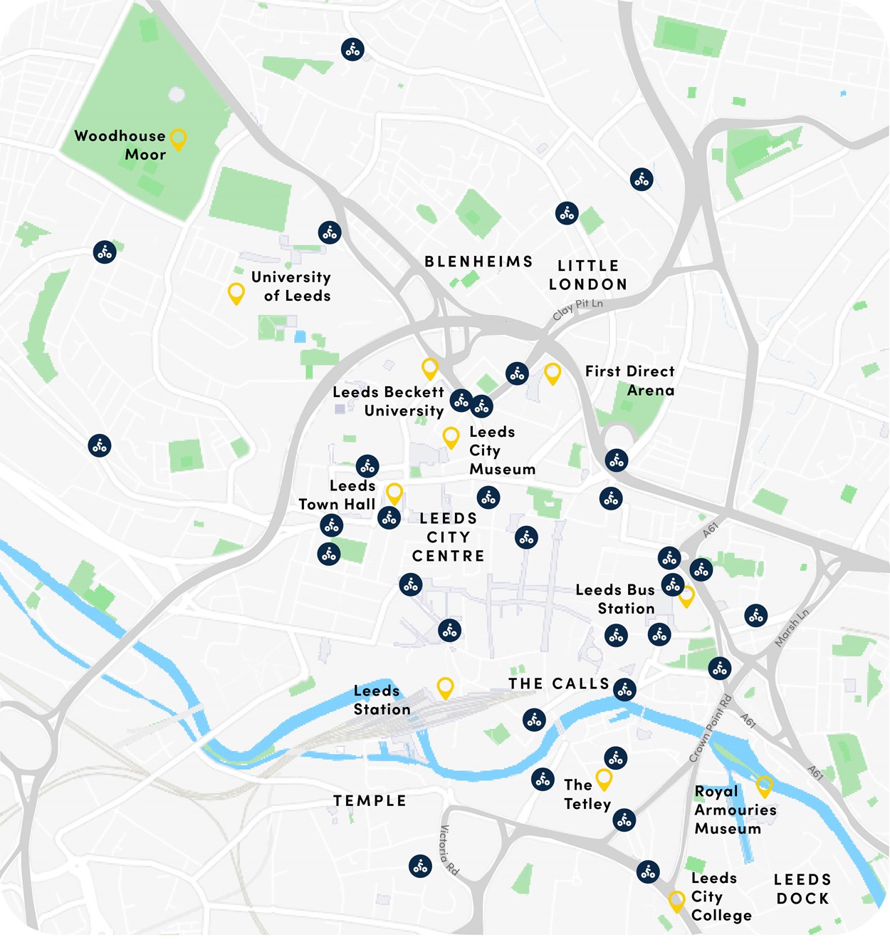 Leeds City Bikes docking station locations 15 September 2023