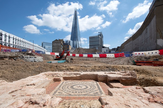 Intricate mosaic on the floor of remains of Roman Mausoleum landscape © MOLA