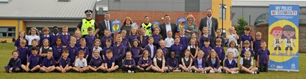 Annanhill primary school P3 with Cllrs Reid, Cowan and Barton, Head Teacher Emma Johnstone, PC McPike, Superintendent Derek Frew and Stewart Fleming from Police Scotland