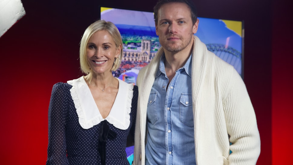 Jenni Falconer and Sam Heughan in Routes Studio cropped