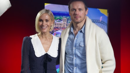 Jenni Falconer and Sam Heughan in Routes Studio cropped
