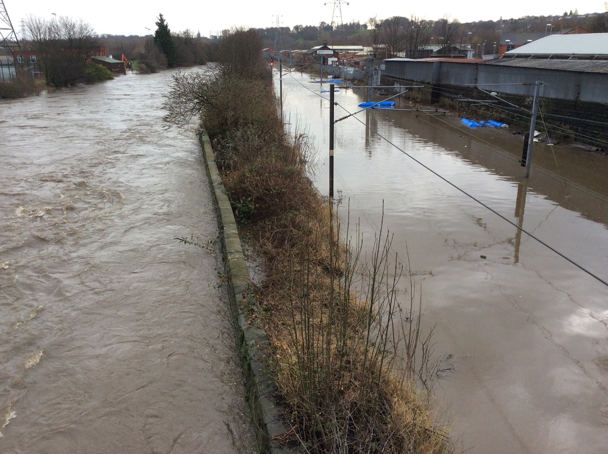 Flooding to the railway by Kirkstall Bridge in 2015: Flooding to the railway by Kirkstall Bridge in 2015, this area will be protected by the Leeds Flood Alleviation Scheme Phase 2