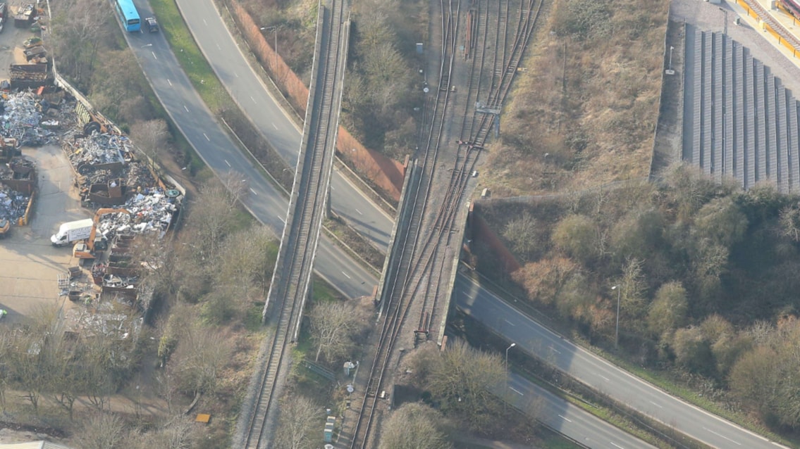 Aerial view of the Saxon Street railway bridge carrying a single track