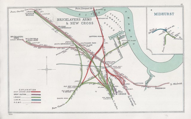 Bermondsey: Railway Clearing House map of the Bermondsey area, showing Southwark Park's location and the tangle of railways