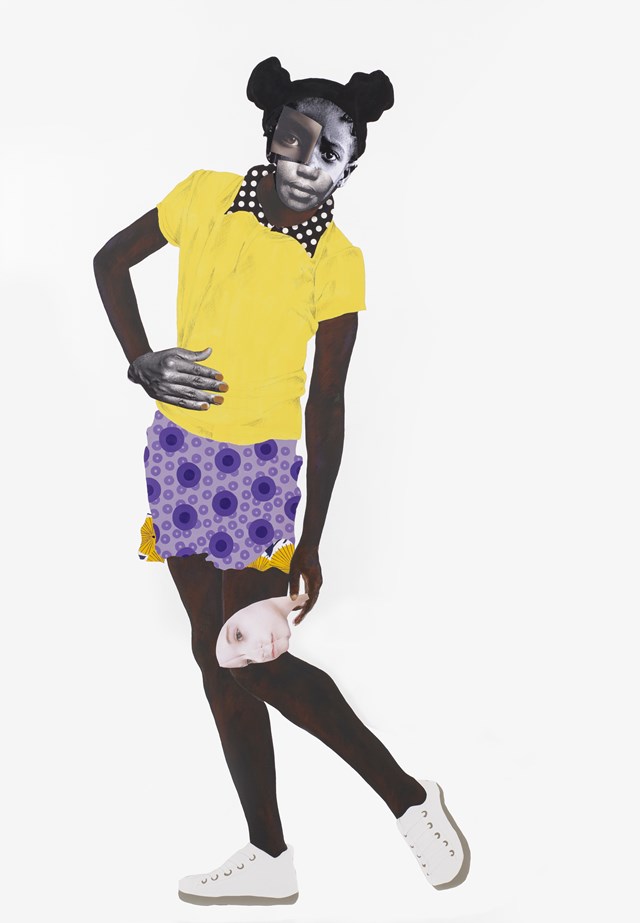 Deborah Roberts, 'The burden', 2019. Mixed media and collage on linen, 165 x 114.3cm (65 x 45in). Framed: 170 x 119.5cm (67 x 47in). Copyright Deborah Roberts. Courtesy the artist and Stephen Friedman Gallery, London. Private Collection. Photo by Mark Blower.: Deborah Roberts, 'The burden', 2019. Mixed media
and collage on linen, 165 x 114.3cm (65 x 45in).
Framed: 170 x 119.5cm (67 x 47in). Copyright
Deborah Roberts. Courtesy the artist and Stephen
Friedman Gallery, London. Private Collection.
Photo by Mark Blower.