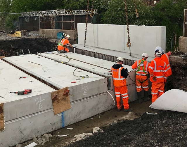 The new concrete sections being lowered into place at the Bute Street bridge in Stoke-on-Trent