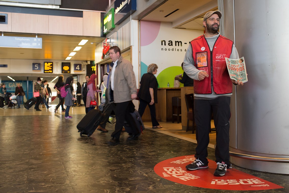 Big Issue vendor pitch: UK's first permanent Big Issue vendor pitch inside a station.  Pictured: David Manso, Big Issue Vendor