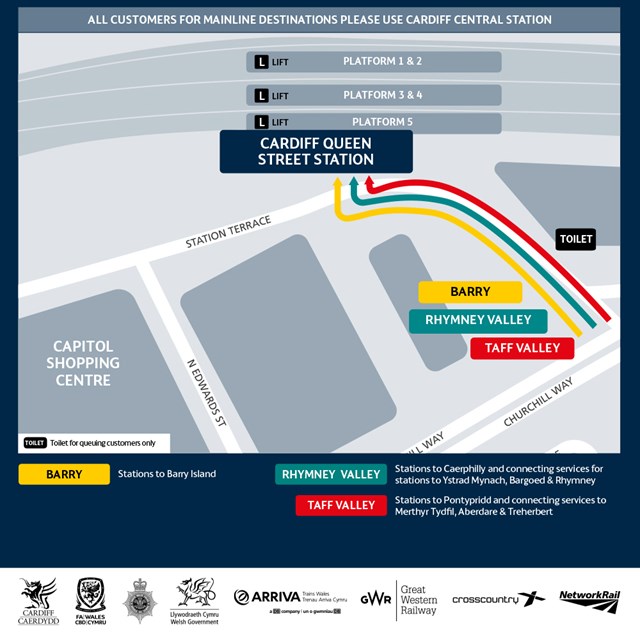 Queue Map - Cardiff Queen St for local Cardiff and Valleys services
