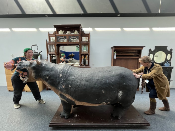 Hippo conservation: Lucie Mascord, (left) a specialist conservation officer at Lancashire County Council's Conservation Studios and Clare Brown (right) moving Billie the hippo as they prepare to carry out delicate conservation work.