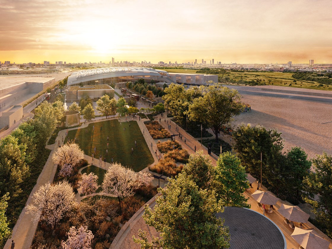 Old Oak Common Urban Realm - Western Parkland: Old Oak Common Urban Realm designs for public engagement.

We are creating a new public park for local residents, workers and rail users to enjoy. Entering the parkland from Old Oak Common Lane, residents, workers and passengers will enjoy wide, fully-accessible paths all the way to the new station.

This new public space will provide an important destination for people to relax or participate in a vibrant mix of activities including potential art installations, events and markets.

The parkland will be maintained to a high standard all year round. The parkland will provide a rich tapestry of plazas, pocket gardens, lawns, tree and shrub planting, natural landscapes and a viewing point looking out over the Wetland Common
and Station Plaza. The space is designed to be enjoyed in all weathers, day or night, all year round and is intended to become a much loved place for the local community.

Tags: Old Oak Common, Urban Realm, Station, Design, London