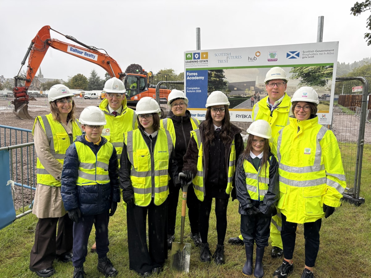Back row, left to right: Karen Greaves, Chief Executive of Moray Council; Richard Park, Hub North Scotland; Jan Sinclair, Head Teacher of Forres Academy; Atholl McKay, Balfour Beatty; and Cllr Kathleen Robertson, Leader of Moray Council.

Front row, left to right: Rio, Alves Primary School pupil; Ay