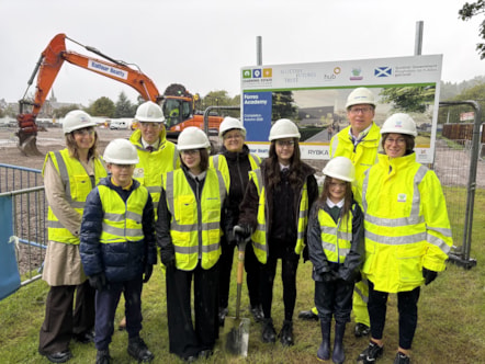Pupils and project representatives at the new Forres Academy turf-cutting ceremony.