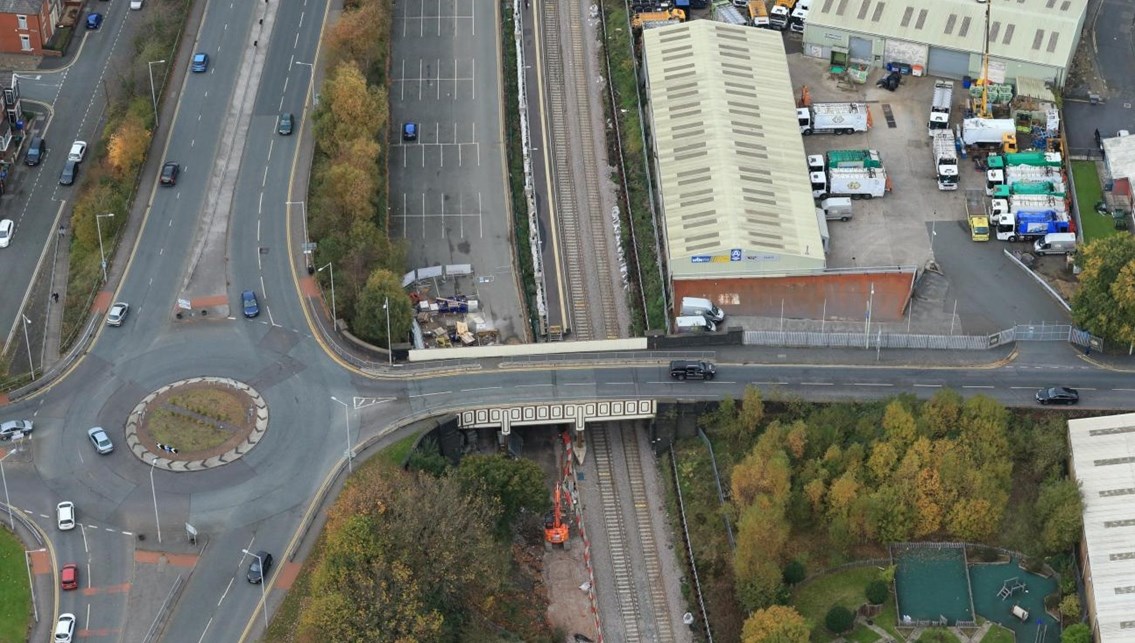 Chorley residents advised of overnight bridge work as railway upgrade continues: Aerial shot of Lyons Lane bridge, Chorley