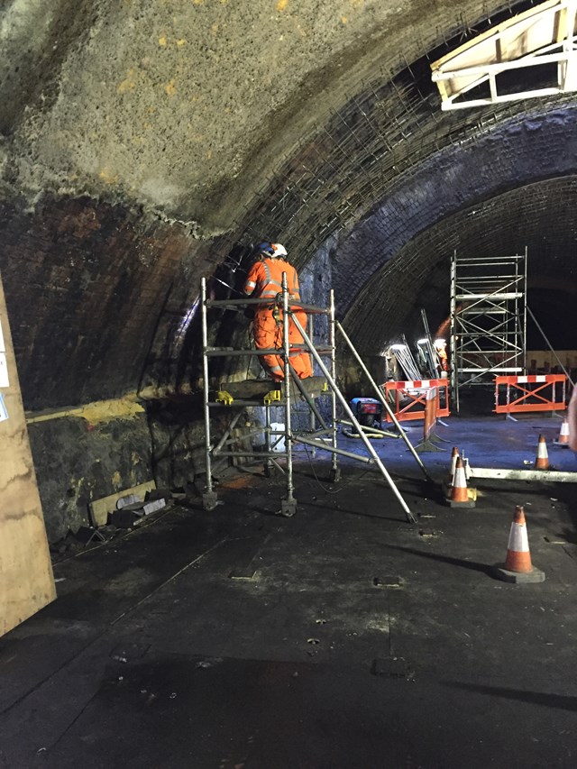Innovative engineering helps save money and provide future-proof service for Merseyside commuters: Network Rail engineers carrying out maintenance work on the tunnel at Liverpool Central station