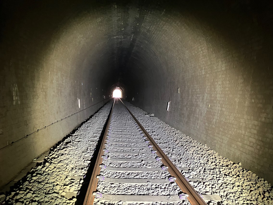A view through Dinmore tunnel showing the new track