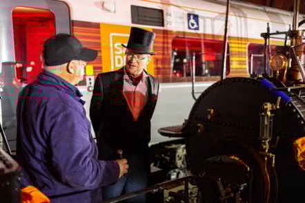 LNER Managing Director David Horne talking to Locomotion No 1 replica crew