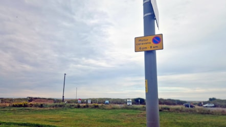 One of the signs informing drivers of new overnight motorhome parking restrictions throughout Lytham St Annes, taken from the promenade between Derby Road and Fairhaven Road