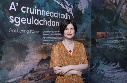 Gàidhlig Storymaker Kirsty MacDonald pictured in the Library's Sgeul I Story exhibition. Image credit Neil Hanna.