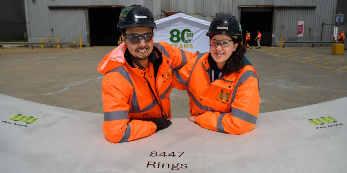 Husband and Wife who cast final HS2 tunnel segment at PACADAR UK Isle of Grain factory: Saad Aarab and Loubna Samih from PACADAR posing with one of the final ring segments for HS2 London Tunnels, at the PACADAR factory on the Isle of Grain in Kent. PACADAR are manufacturing the London Tunnel segments as a sub-contractor for our London tunnels contractor, Skanska Costain Strabag (SCS) joint venture.