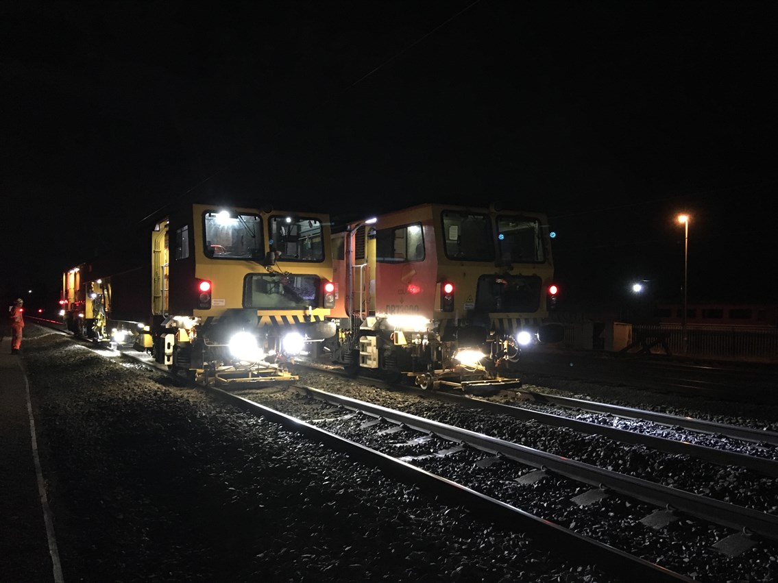 Track tamping at Carnforth station on the West Coast main line