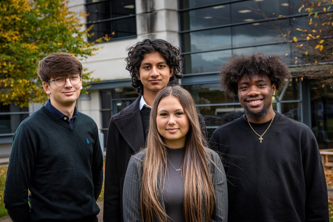 College students tee up a new career on HS2: Josh Baker, Yusuf Naeem, Libby Parker and Nathan Fadiran O’Connor are beginning their T Level industry placements on HS2