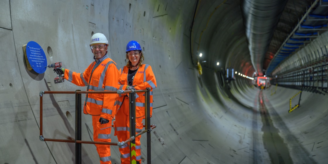 HS2 CEO Mark Wild installs a new plaque in the Euston Tunnel where it passes underneath the tomb of Sir Marc Brunel and his son Isambard Brunel