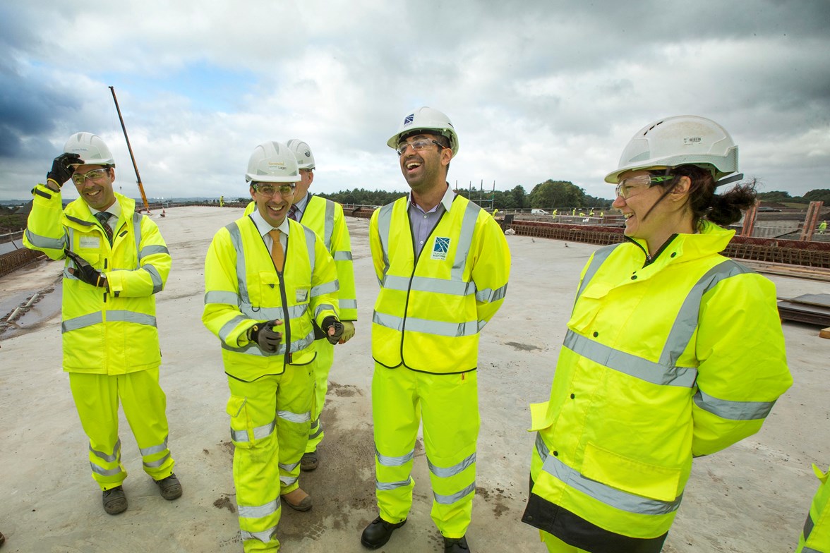 Humza Yousaf meets construction staff on M87374 site