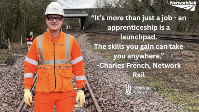 From losing his way to leading on the railway: how a Network Rail apprenticeship changed one Pembrokeshire man’s life: Charles French NAW quote card