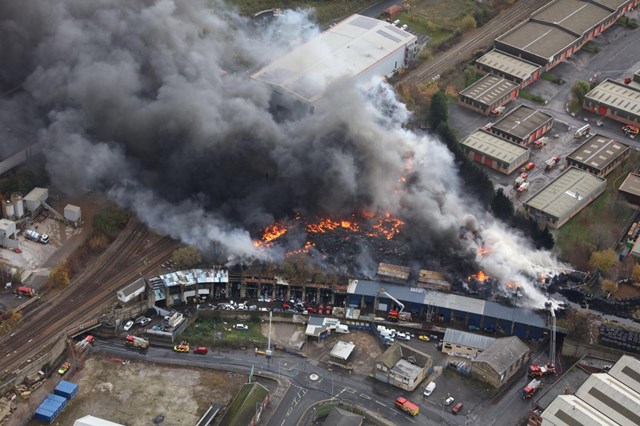 Fire near Bradford Interchange, Photo credit - Network Rail Air Operations