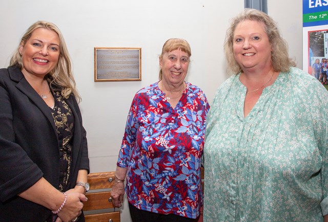 East Grinstead access for all plaque unveiled: Plaque in honour of Eric Mackie MBE, with LtoR Mims Davies MP, Anne Mackie and his daughter Kathy Mackie-Clark