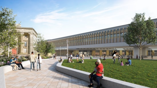 Visualisation showing the view across Curzon Square towards the old station building and eastern entrance to the new Curzon Street station