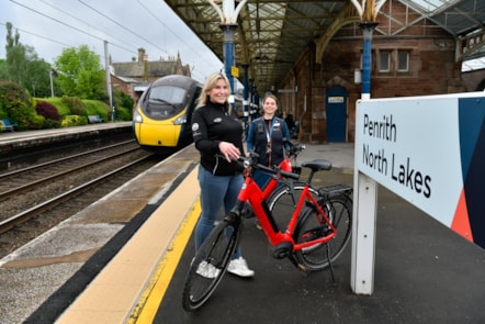 (L - R): Sarah Graham, owner of Arragon's Cycles, with Natalie Balmer (Customer Service Assistant at Avanti West Coast) with electric bikes available to collect from Penrith station as part of bike hire service
