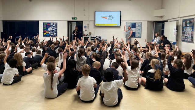 School safety sessions delivered ahead of 25,000-volt electric wires going live: Network Rail leads a safety assembly at Millbrook Junior School, Kettering-2