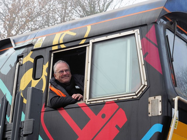 Robertsbridge - Sir Peter Hendy in the loco named after him!: Robertstbridge new sidings connecting the national network to the Rother Valley Railway opened by Network Rail's chairman Sir Peter Hendy